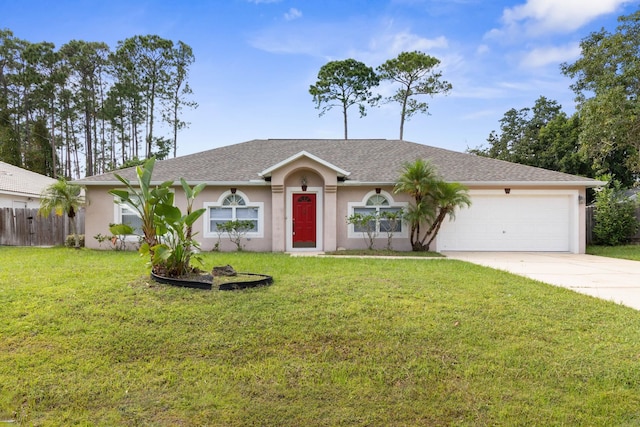 ranch-style home featuring stucco siding, driveway, an attached garage, and a front yard