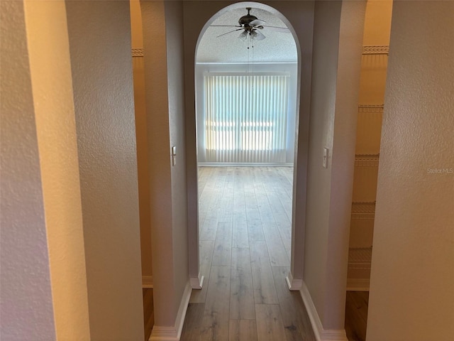 hallway with baseboards, a textured wall, and wood finished floors