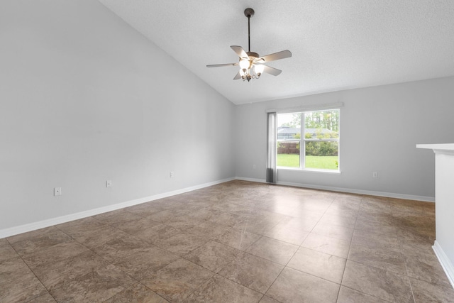 unfurnished room featuring high vaulted ceiling, a textured ceiling, baseboards, and a ceiling fan