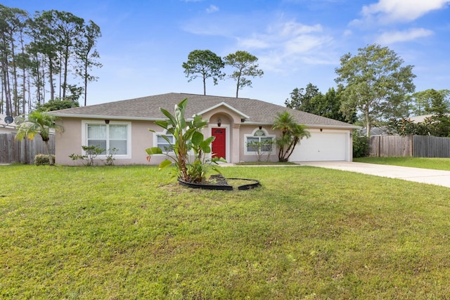 ranch-style house with stucco siding, concrete driveway, a garage, and a front yard