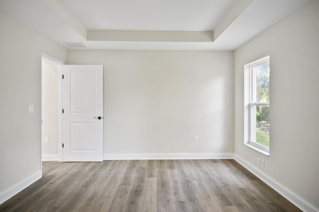 unfurnished room with hardwood / wood-style floors, a tray ceiling, and plenty of natural light