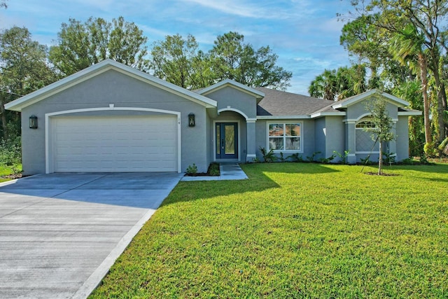 single story home featuring a front lawn and a garage