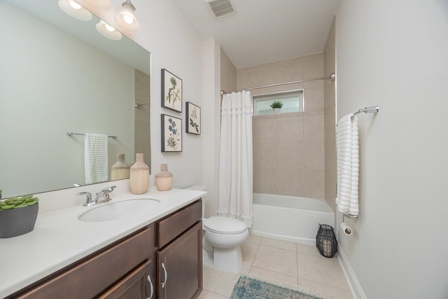 full bathroom with toilet, shower / bath combination with curtain, vanity, and tile patterned floors