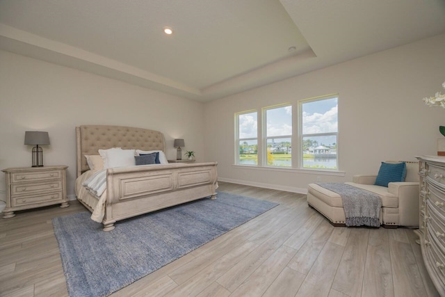 bedroom featuring light hardwood / wood-style floors and a tray ceiling