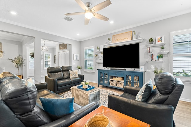 313 Aventurine Ave, Saint Augustine, FL 32086 - living room with wood finished floors, a ceiling fan, recessed lighting, and crown molding