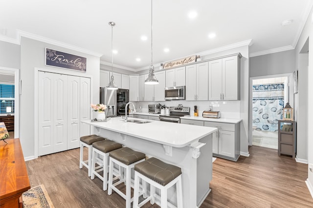 313 Aventurine Ave, Saint Augustine, FL 32086 - kitchen with stainless steel appliances, crown molding, a kitchen breakfast bar, light countertops, and light wood-style floors