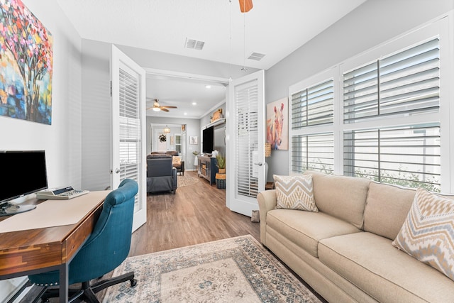 313 Aventurine Ave, Saint Augustine, FL 32086 - office featuring a ceiling fan, plenty of natural light, wood finished floors, and recessed lighting