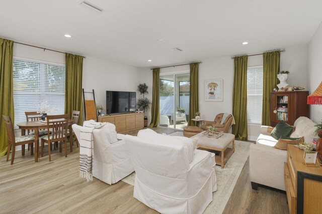 living room with a healthy amount of sunlight and light hardwood / wood-style floors