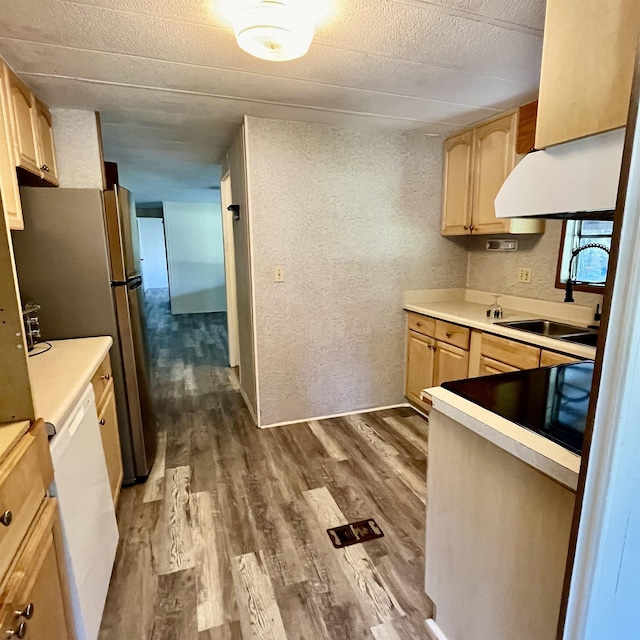 kitchen featuring light brown cabinetry, stove, white dishwasher, sink, and dark hardwood / wood-style floors