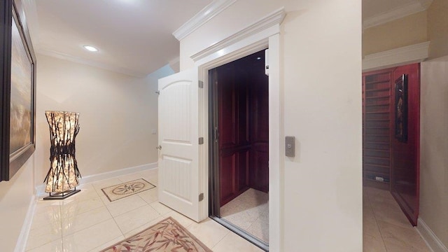 corridor with ornamental molding and light tile patterned flooring