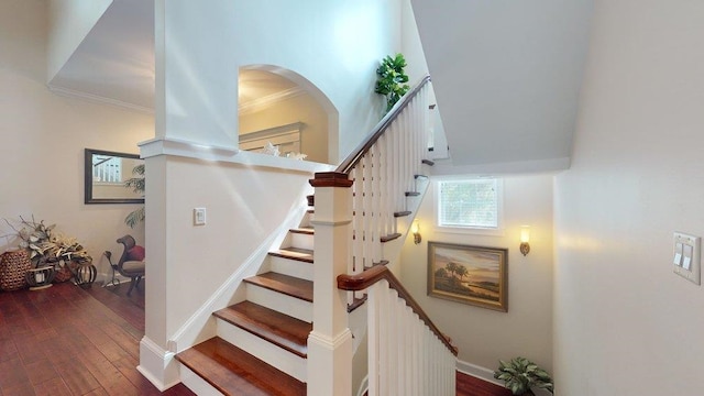 stairway featuring wood-type flooring and crown molding