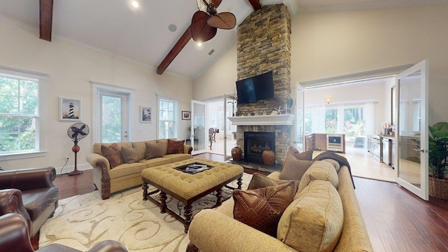 living room with beamed ceiling, wood-type flooring, and a healthy amount of sunlight