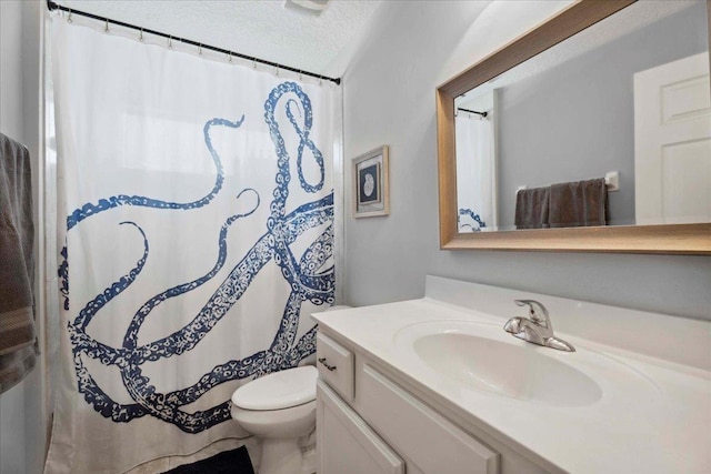 775 E Red House Branch Rd, Saint Augustine, FL 32084 - full bathroom with vanity, toilet, a textured ceiling, and a shower with shower curtain