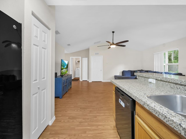 kitchen with dishwasher, a ceiling fan, light wood finished floors, lofted ceiling, and open floor plan