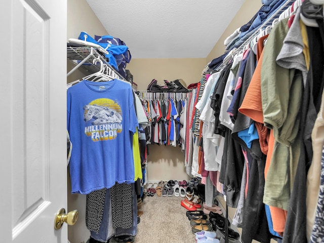 walk in closet featuring carpet and lofted ceiling