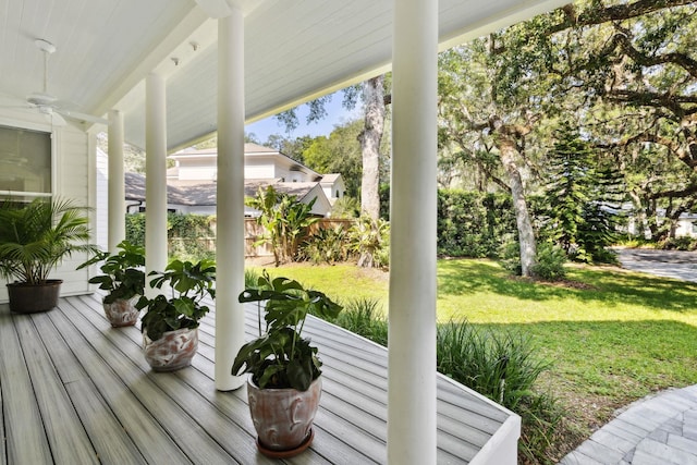 136 Island Hammock Way, Saint Augustine, FL 32080 - wooden terrace featuring a yard and a ceiling fan