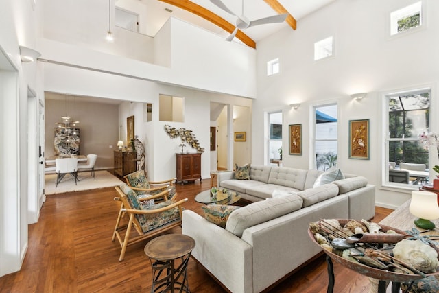 136 Island Hammock Way, Saint Augustine, FL 32080 - living room featuring a towering ceiling, dark wood finished floors, and beamed ceiling