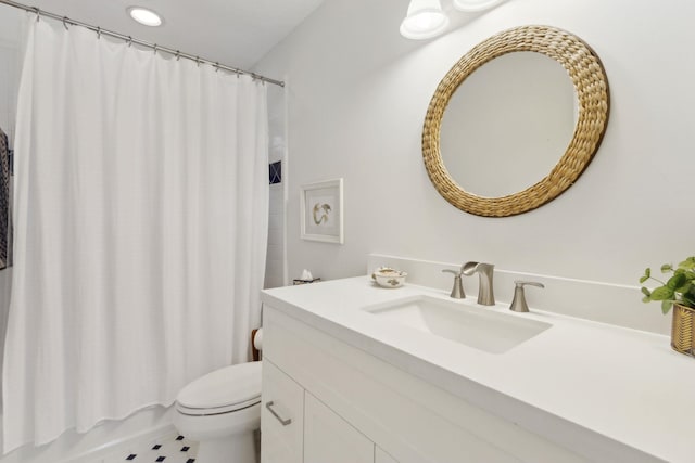 136 Island Hammock Way, Saint Augustine, FL 32080 - bathroom featuring vanity, toilet, recessed lighting, and shower / tub combo with curtain