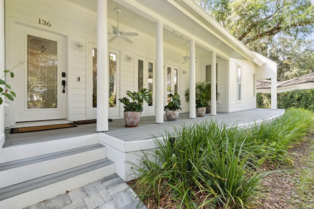 136 Island Hammock Way, Saint Augustine, FL 32080 - doorway to property featuring a ceiling fan and a porch