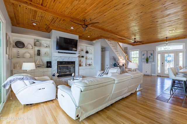841 S County Road 13, Saint Augustine, FL 32092 - living room featuring a fireplace, ceiling fan, and wood ceiling