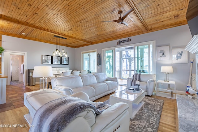 841 S County Road 13, Saint Augustine, FL 32092 - living room featuring beamed ceiling, wood ceiling, ceiling fan with notable chandelier, and light hardwood / wood-style floors
