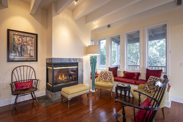 living area with a multi sided fireplace and dark hardwood / wood-style flooring