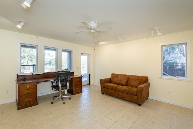 tiled office with ceiling fan