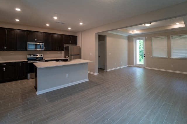 kitchen with light wood-type flooring, stainless steel appliances, a raised ceiling, a kitchen island with sink, and sink