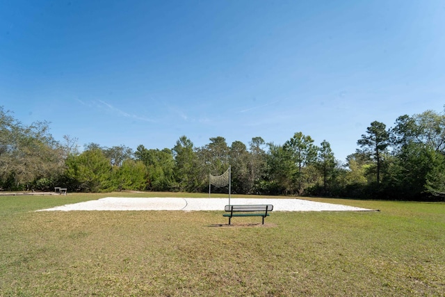 surrounding community with volleyball court and a lawn