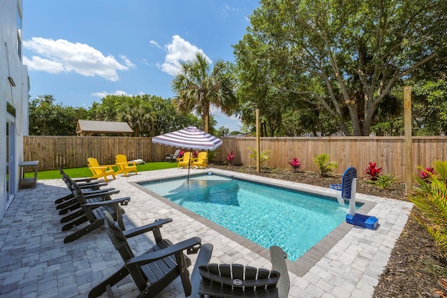 view of swimming pool featuring a patio area