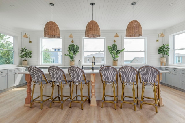 kitchen with gray cabinets, light hardwood / wood-style flooring, and pendant lighting