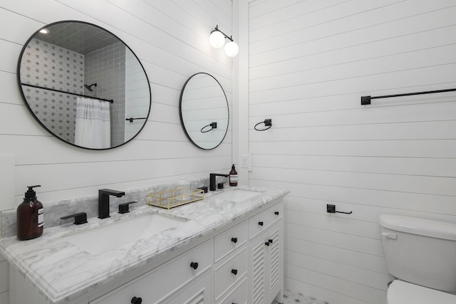 bathroom featuring a shower with curtain, toilet, and wooden walls