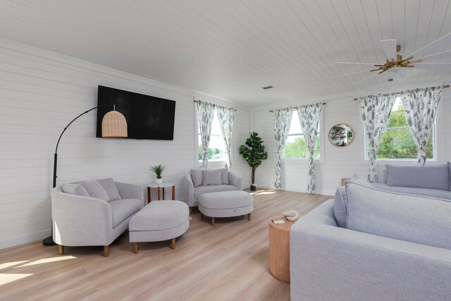 living room with ceiling fan, wood ceiling, and light wood-type flooring