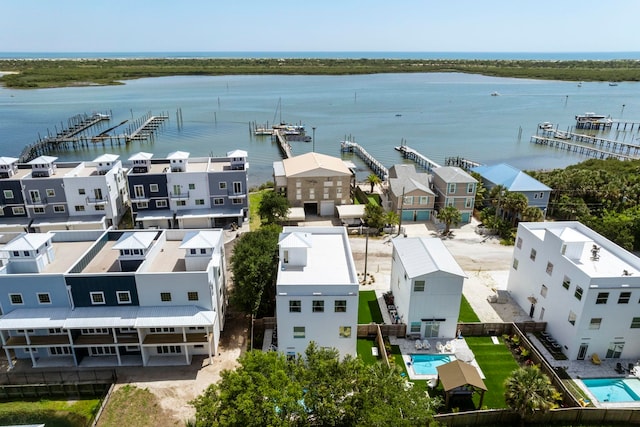 drone / aerial view with a water view