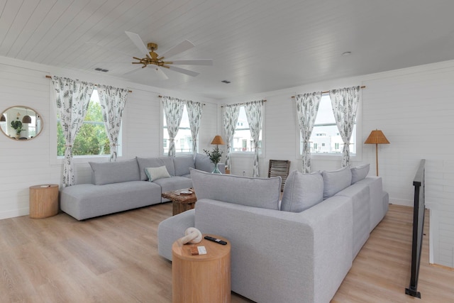 living room featuring light wood-type flooring, a wealth of natural light, wooden ceiling, and ceiling fan