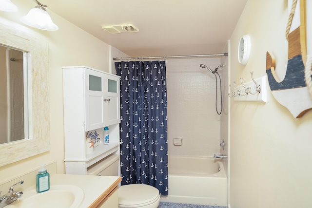 full bathroom with vanity, toilet, and shower / bathtub combination with curtain