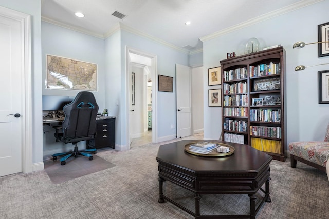 home office with carpet and crown molding