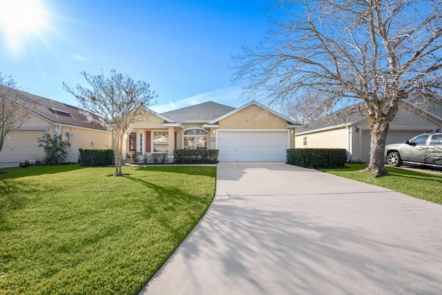 single story home with an attached garage, a front lawn, concrete driveway, and stucco siding