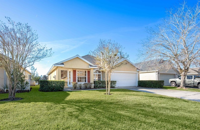 view of front of house with driveway, a garage, a front lawn, and stucco siding