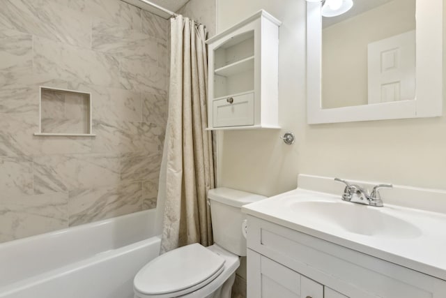 full bath with toilet, vanity, and shower / bath combination with curtain