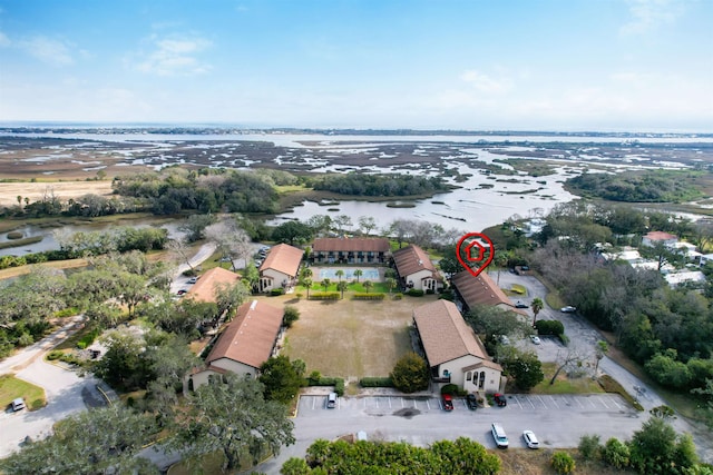 aerial view featuring a water view