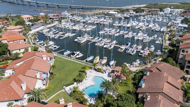 birds eye view of property featuring a water view