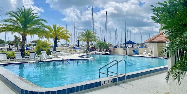 view of swimming pool with a patio area