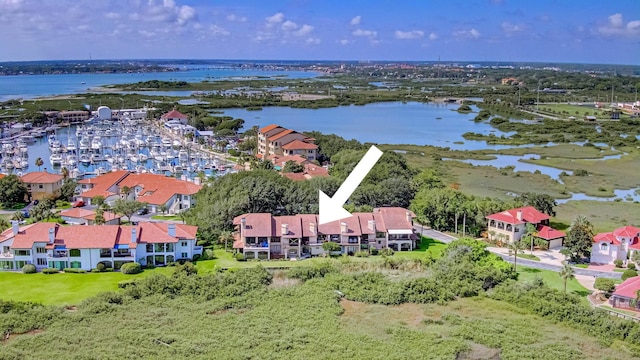 bird's eye view with a water view