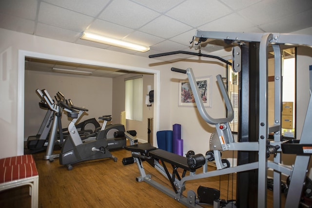 exercise room with wood finished floors and a drop ceiling