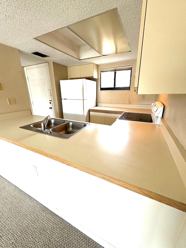 kitchen with freestanding refrigerator, exhaust hood, visible vents, a sink, and electric stove