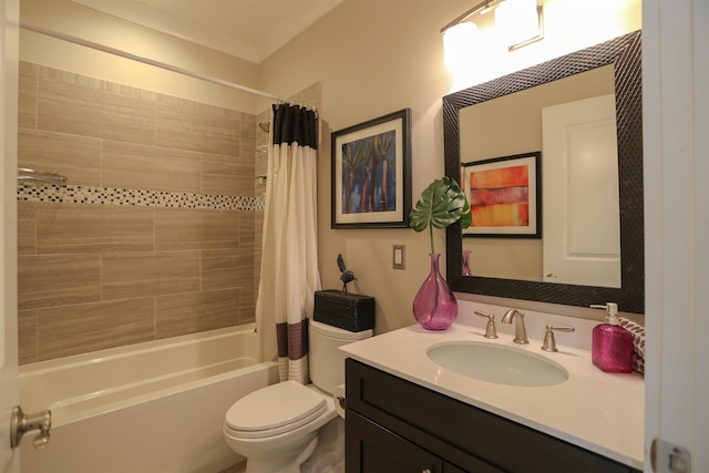 full bathroom featuring shower / bath combination with curtain, vanity, and toilet