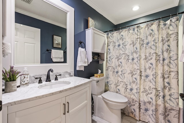 2077 W Lymington Way, Saint Augustine, FL 32084 - bathroom featuring ornamental molding, toilet, vanity, marble finish flooring, and a shower with curtain