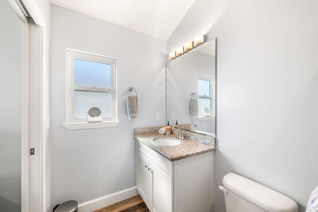 bathroom with hardwood / wood-style floors, toilet, a wealth of natural light, and vanity