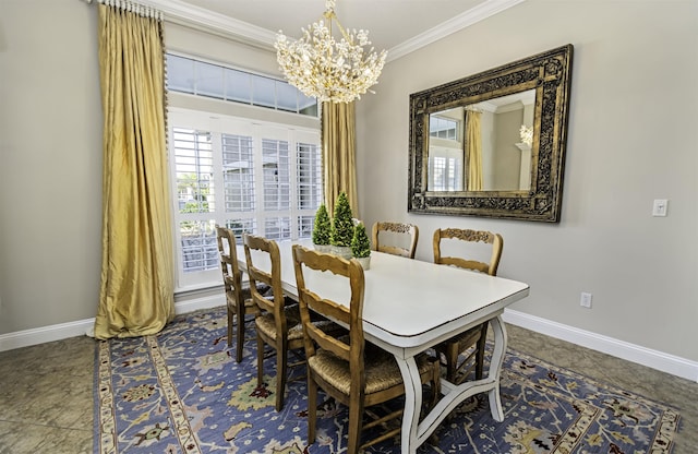 dining space featuring tile patterned flooring, a notable chandelier, baseboards, and crown molding